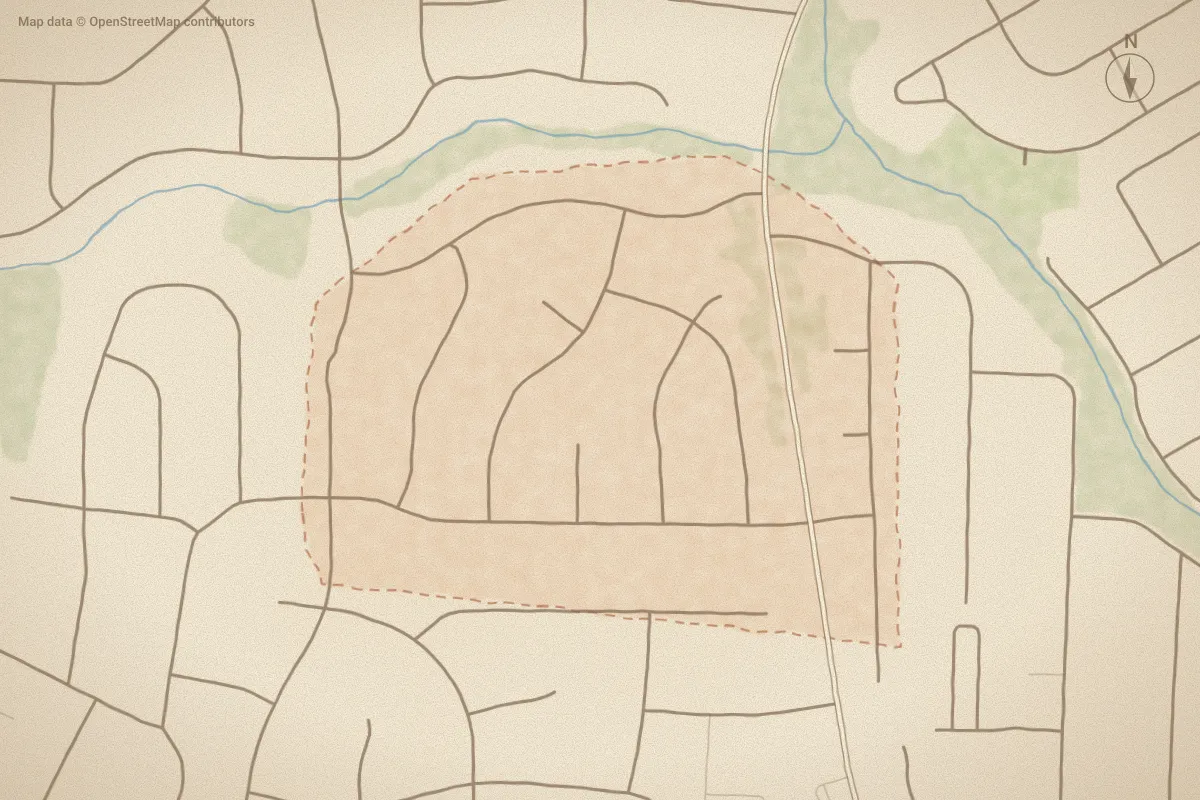 Watercolor map of Brookside Manor in Wilson, NC, showing its streets, water and surroundings