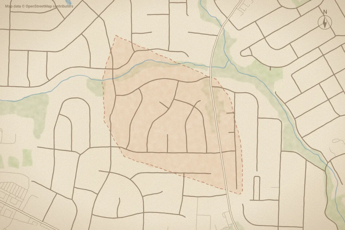 Watercolor map of Brookside in Wilson, NC, showing its streets, water and surroundings