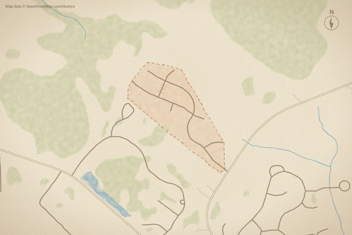 Watercolor map of Brookstone in Bolivia, NC, showing its streets, water and surroundings