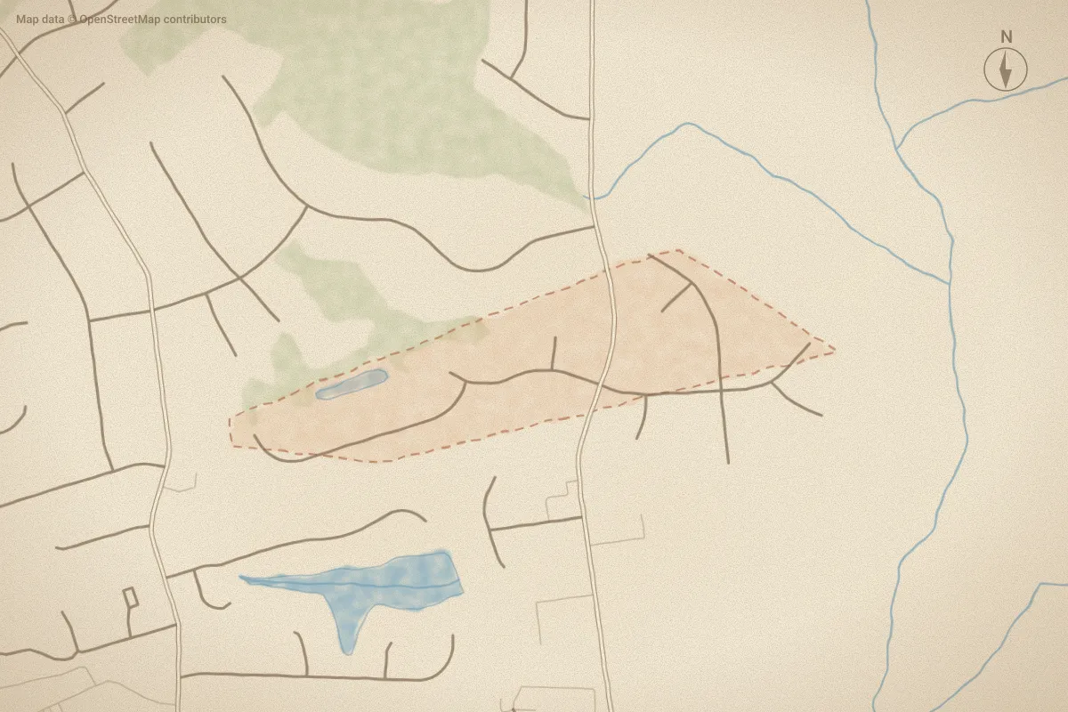 Watercolor map of Brookstone in Wilson, NC, showing its streets, water and surroundings