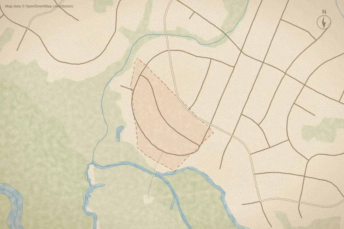 Watercolor map of Brookview Estates in Jacksonville, NC, showing its streets, water and surroundings