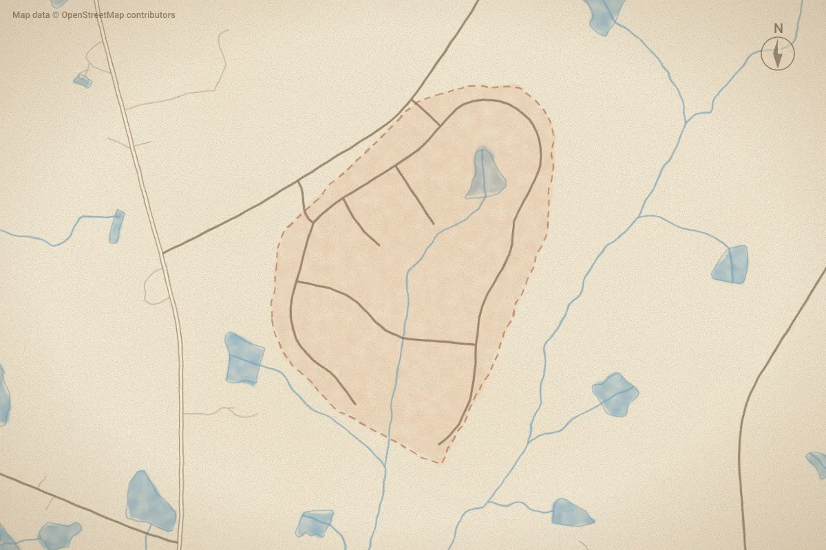 Watercolor map of Brookwood in Carthage, NC, showing its streets, water and surroundings