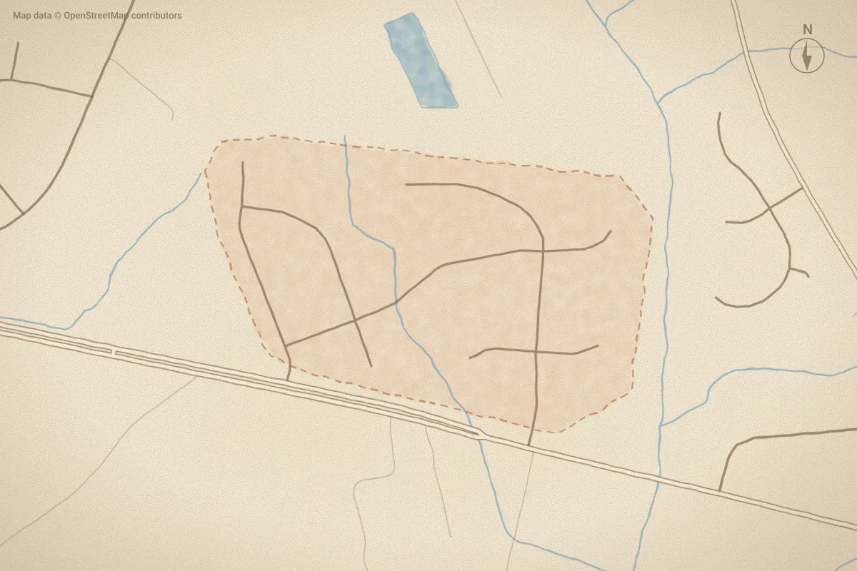 Watercolor map of Buckhaven in Richlands, NC, showing its streets, water and surroundings