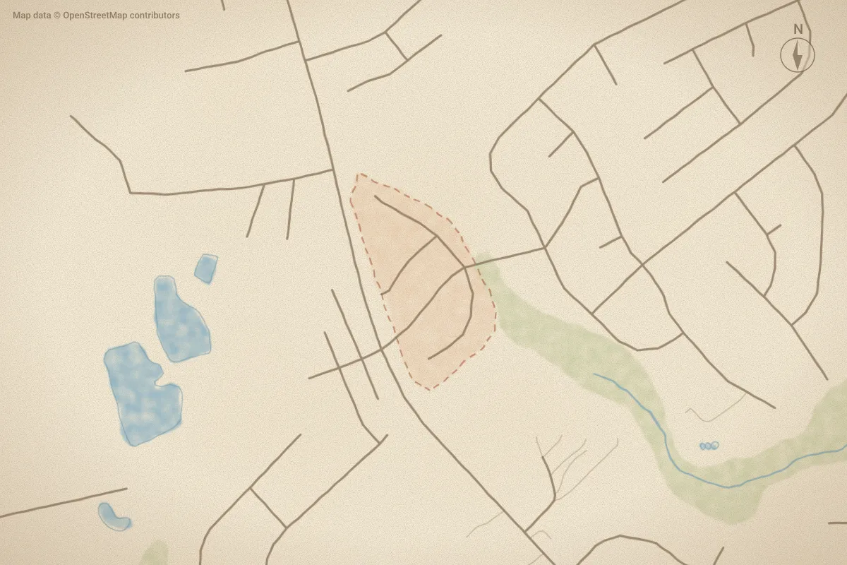 Watercolor map of Buckhead in Hubert, NC, showing its streets, water and surroundings
