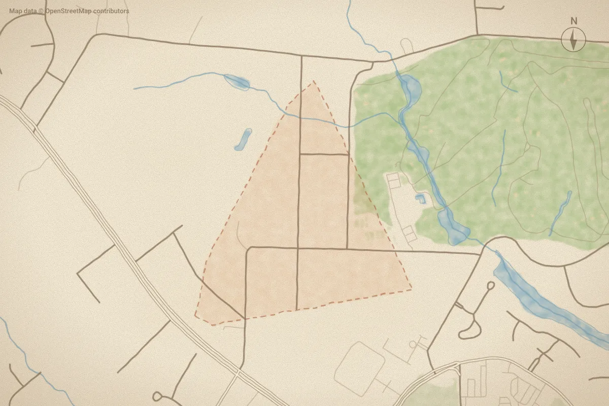 Watercolor map of Bunn in Rocky Mount, NC, showing its streets, water and surroundings