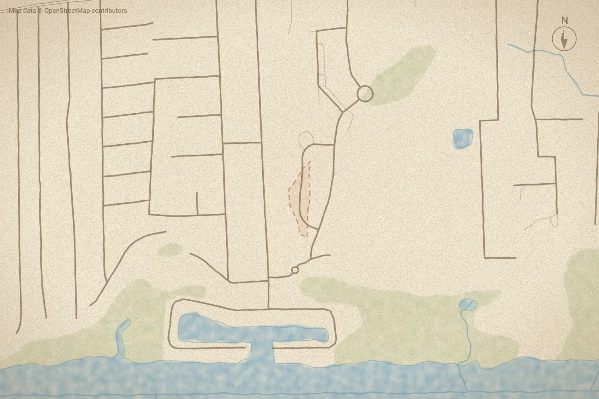 Watercolor map of Caisons Creek in Supply, NC, showing its streets, water and surroundings
