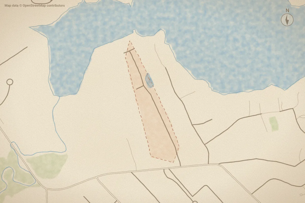 Watercolor map of Camden in Hampstead, NC, showing its streets, water and surroundings