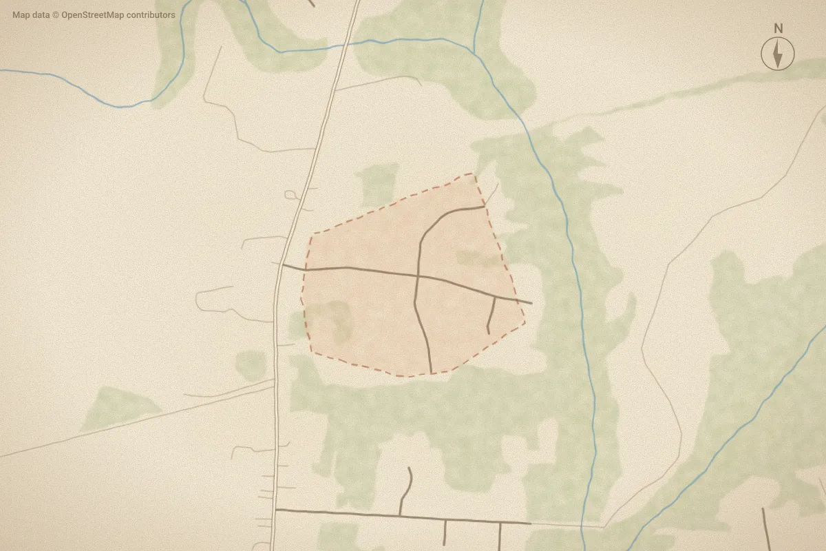 Watercolor map of Camden Woods in Hubert, NC, showing its streets, water and surroundings