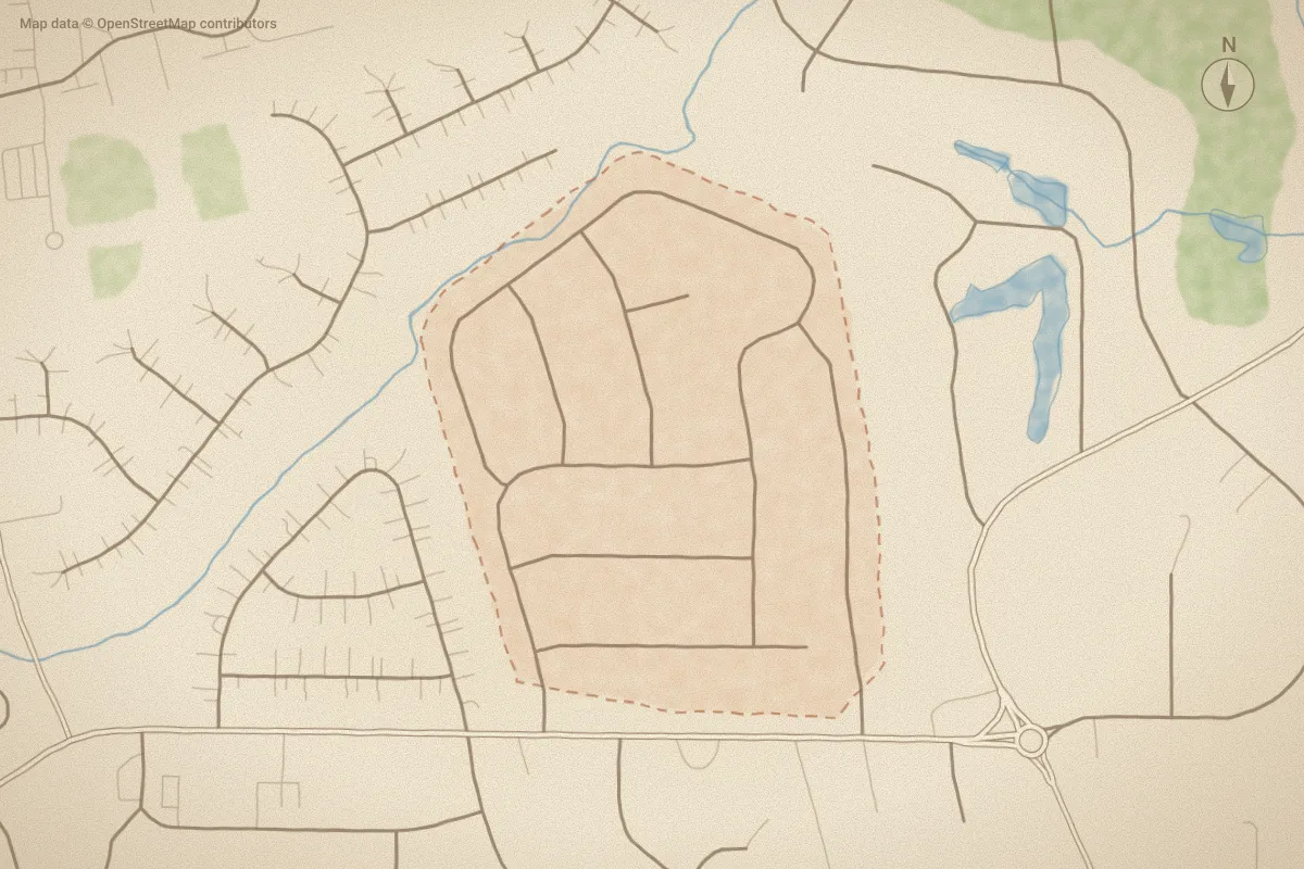 Watercolor map of Camelot in Greenville, NC, showing its streets, water and surroundings