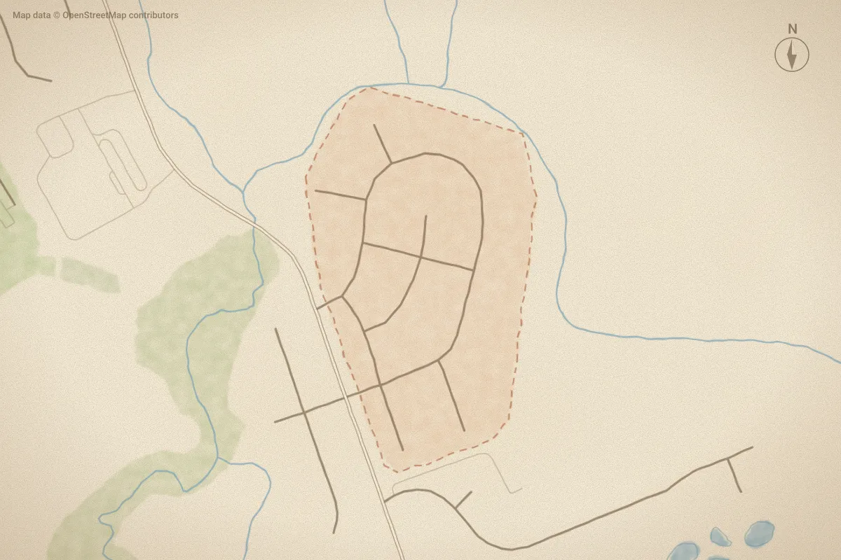 Watercolor map of Canons Edge in Richlands, NC, showing its streets, water and surroundings