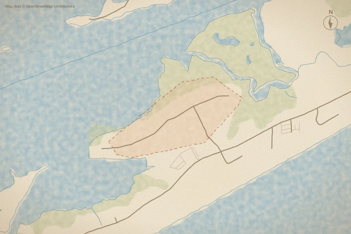 Watercolor map of Cape Island in North Topsail Beach, NC, showing its streets, water and surroundings