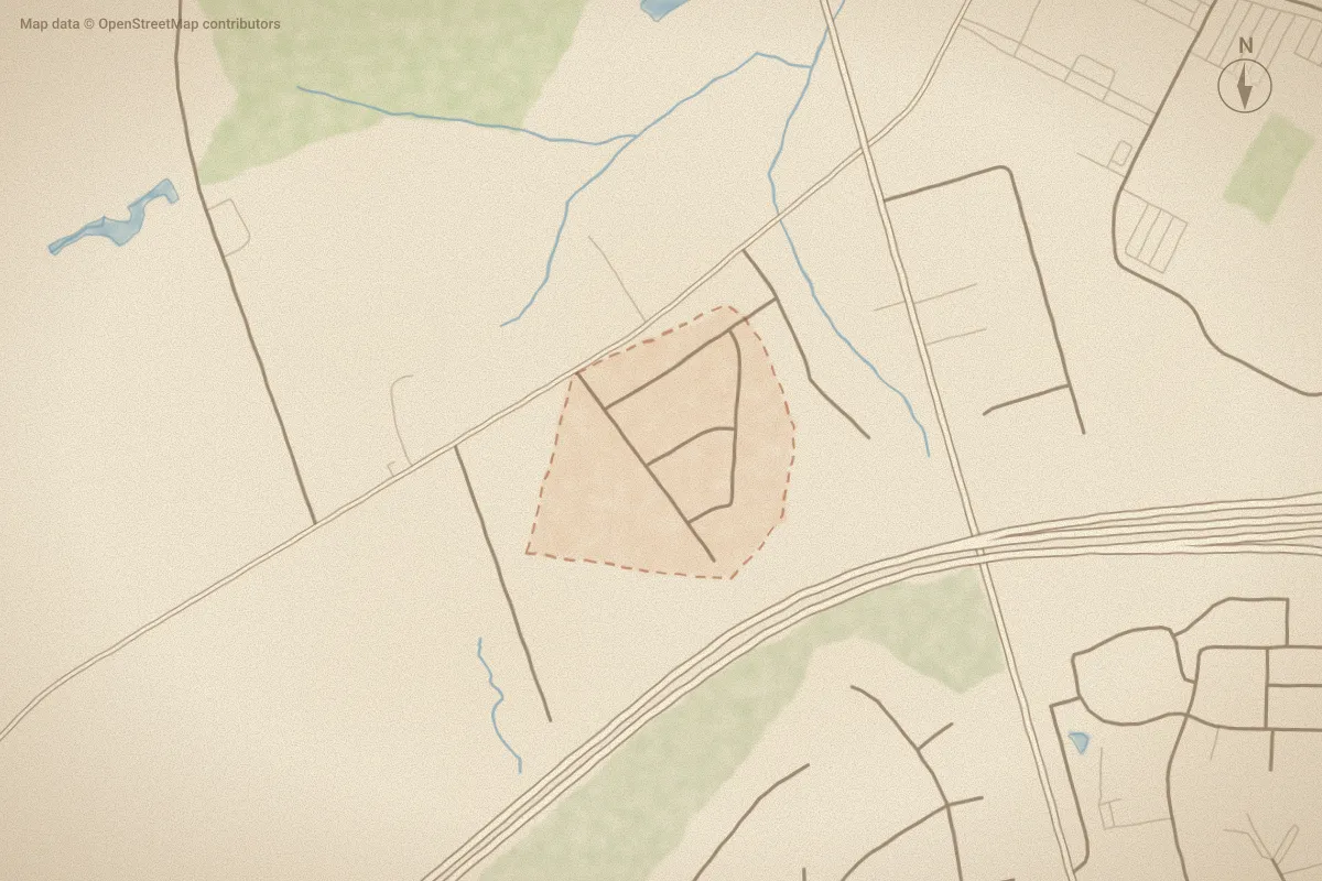 Watercolor map of Cape Landing in Castle Hayne, NC, showing its streets, water and surroundings