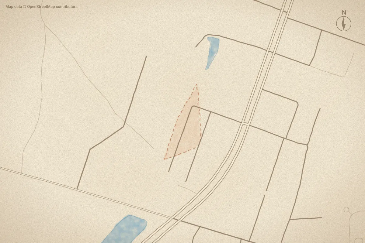 Watercolor map of Cardinal Villag in Pinebluff, NC, showing its streets, water and surroundings
