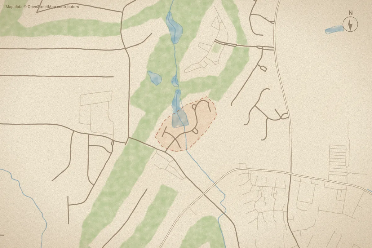 Watercolor map of Castaways in Rocky Mount, NC, showing its streets, water and surroundings