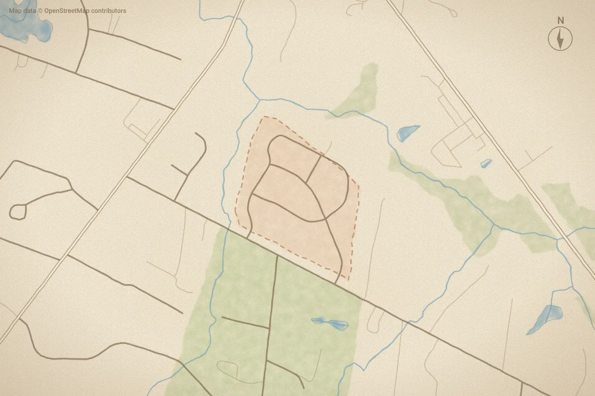 Watercolor map of Castle Estates in Castle Hayne, NC, showing its streets, water and surroundings