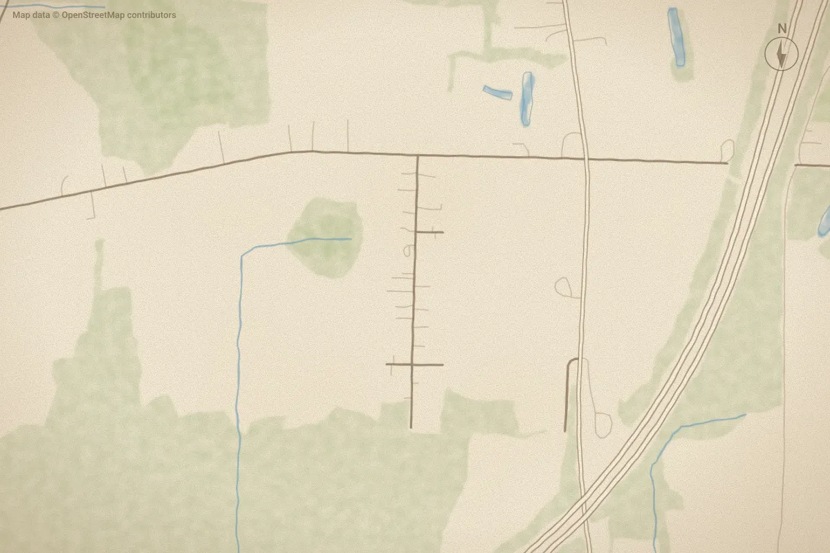Watercolor map of Cavona in Kenly, NC, showing its streets, water and surroundings