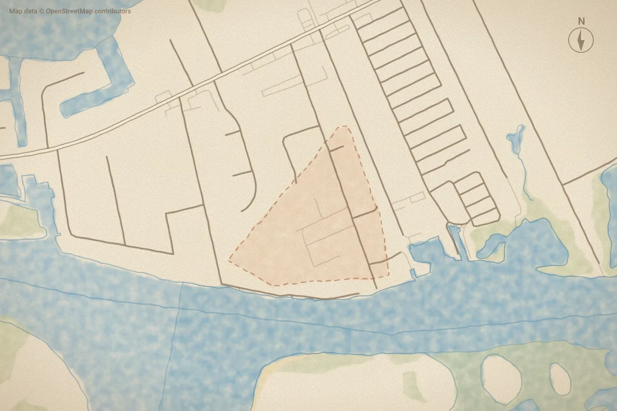 Watercolor map of Cedar Point Beach in Cedar Point, NC, showing its streets, water and surroundings