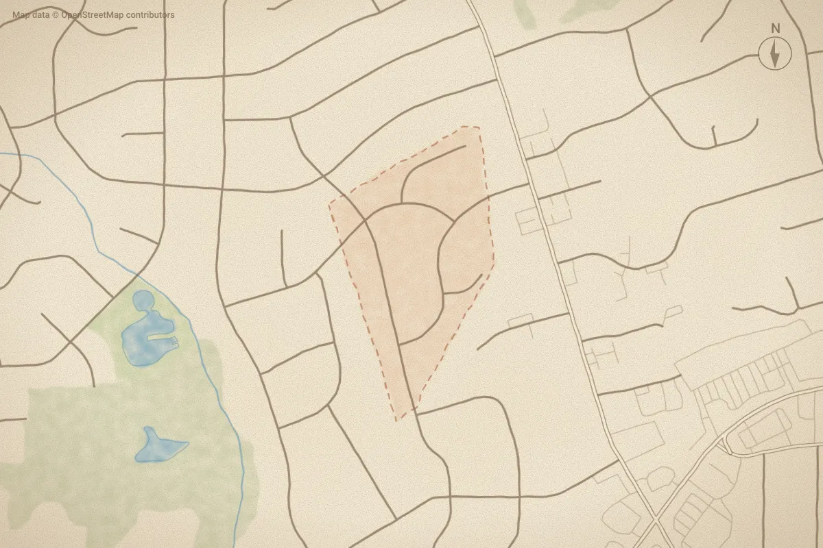 Watercolor map of Cedar Run in Wilson, NC, showing its streets, water and surroundings