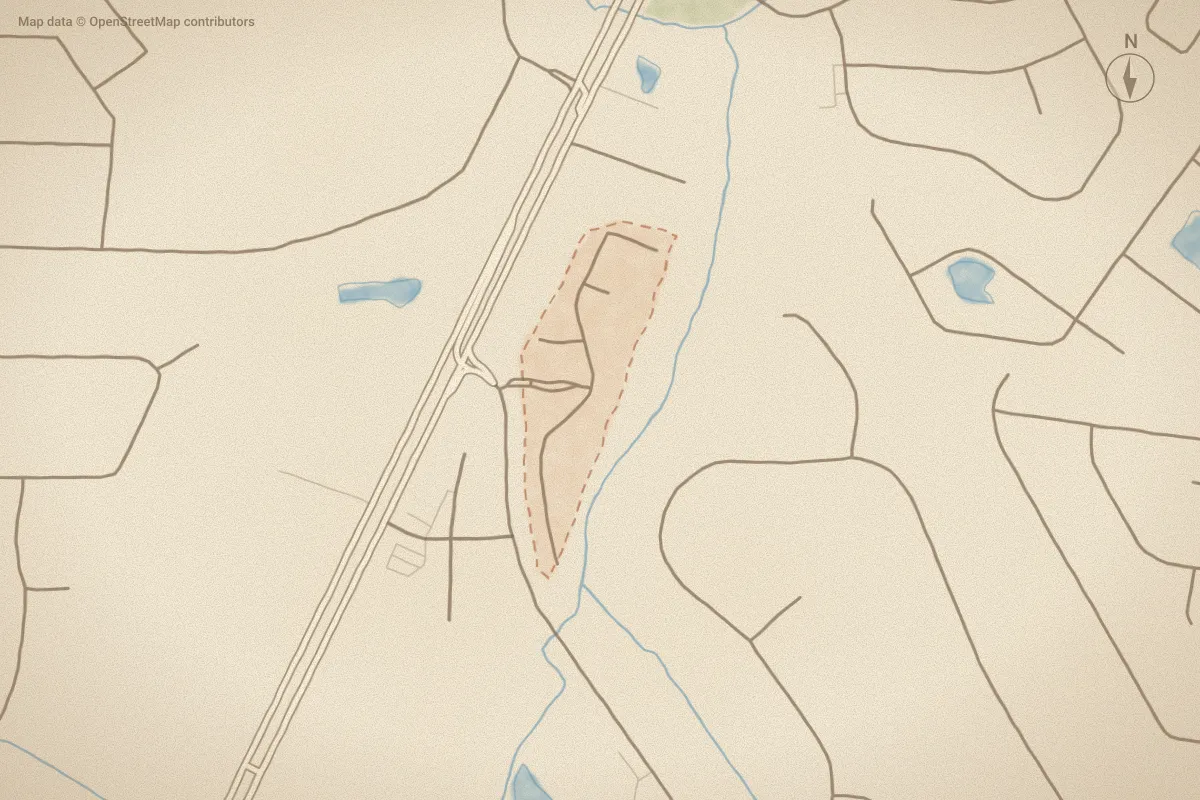 Watercolor map of Cedar Tree in Calabash, NC, showing its streets, water and surroundings