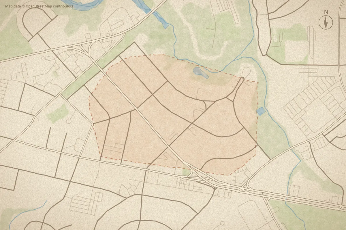 Watercolor map of Chaney Heights in Jacksonville, NC, showing its streets, water and surroundings