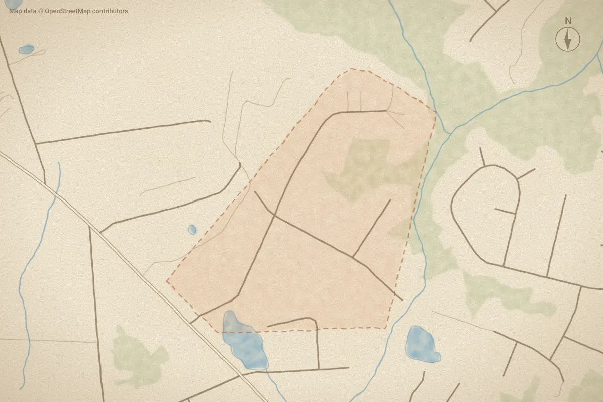 Watercolor map of Chapel Ridge in Richlands, NC, showing its streets, water and surroundings