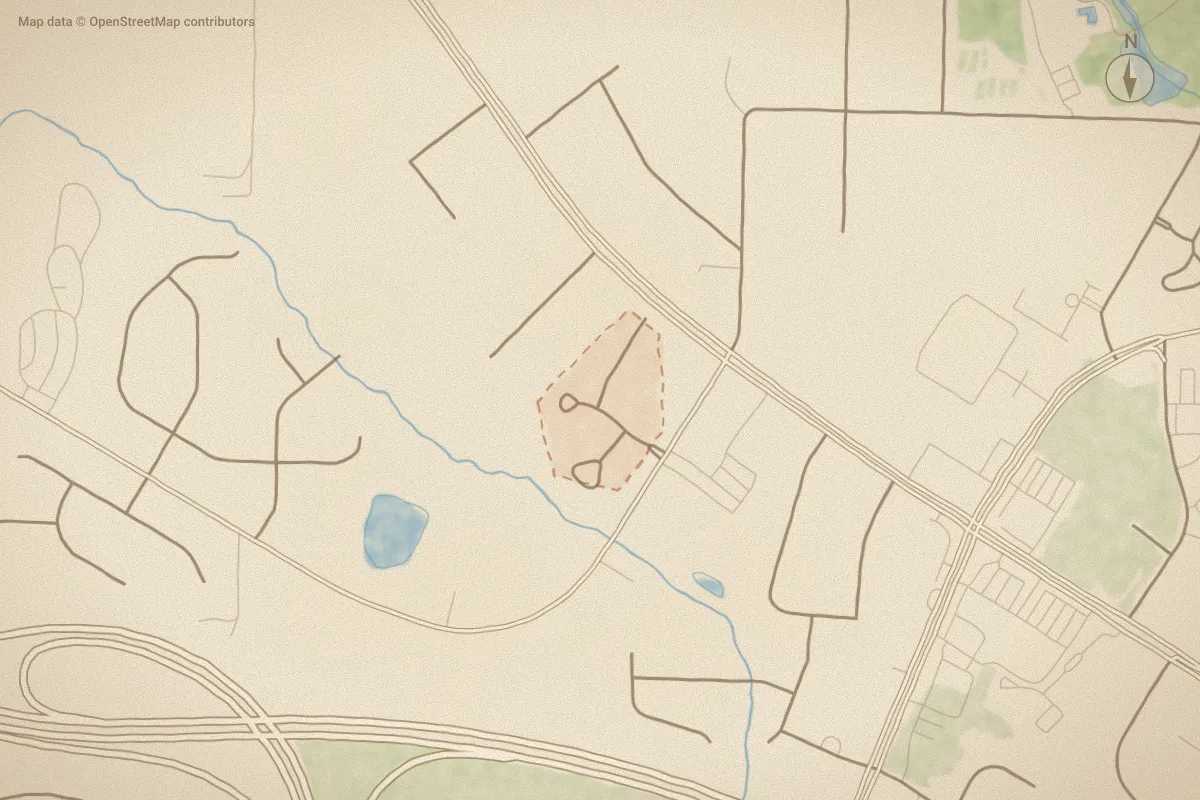 Watercolor map of Charleston Place in Rocky Mount, NC, showing its streets, water and surroundings