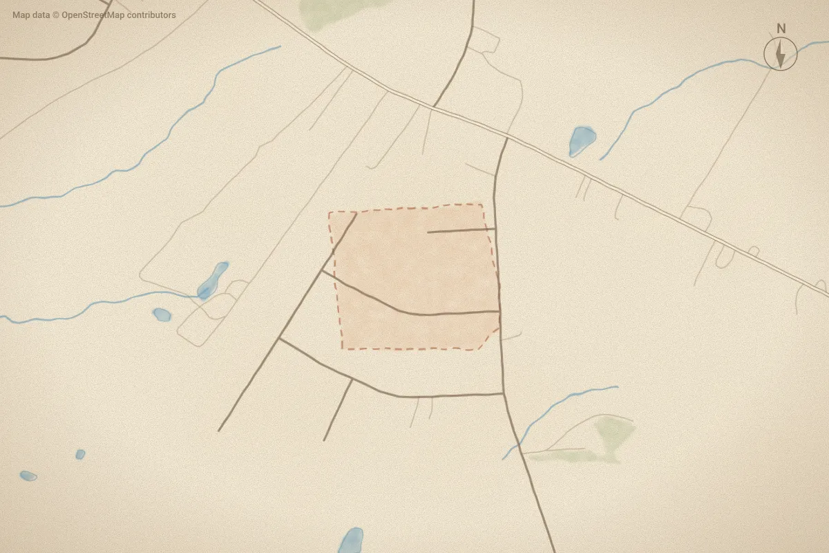 Watercolor map of Charlestowne in Smithfield, NC, showing its streets, water and surroundings