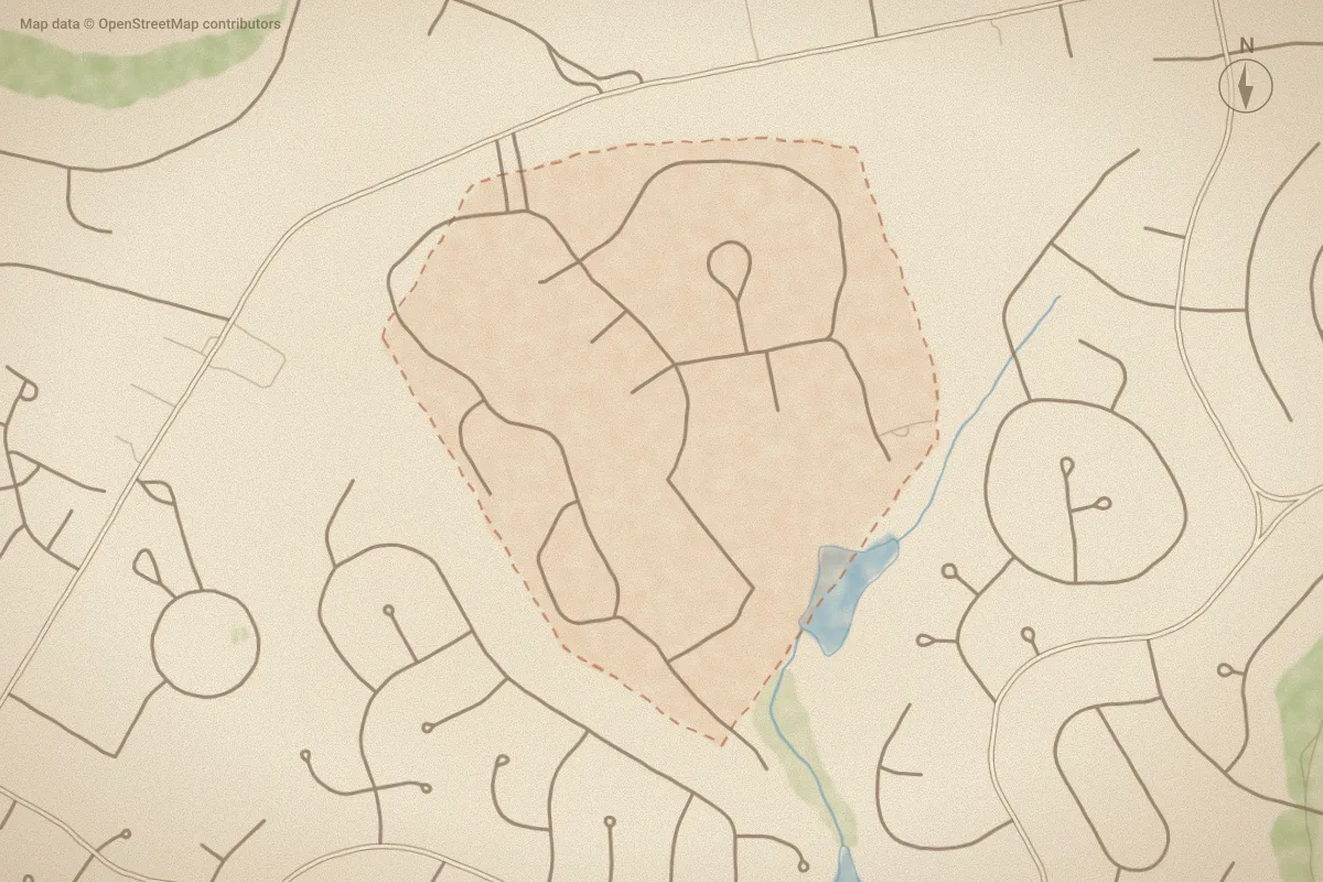 Watercolor map of Clarendon Garde in Pinehurst, NC, showing its streets, water and surroundings