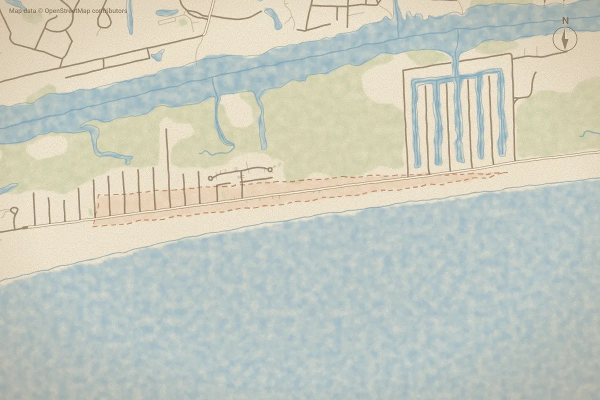 Watercolor map of Colonial Beach in Holden Beach, NC, showing its streets, water and surroundings