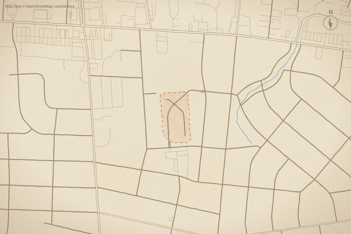 Watercolor map of Colonial Trace in Rocky Mount, NC, showing its streets, water and surroundings
