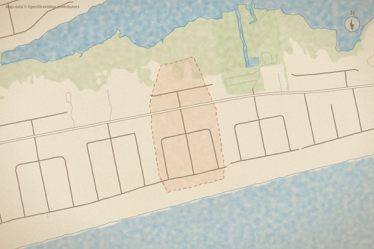 Watercolor map of Columbus Square in Emerald Isle, NC, showing its streets, water and surroundings