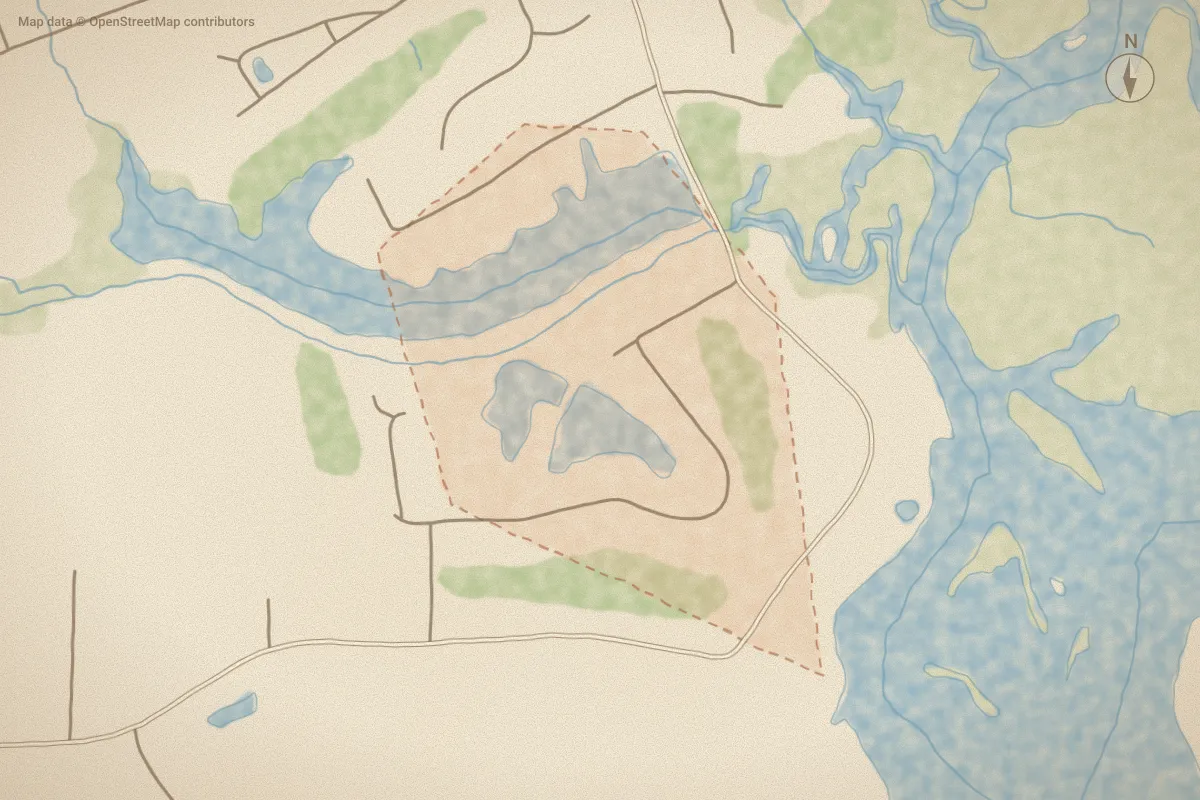 Watercolor map of Copas Shores in Shallotte, NC, showing its streets, water and surroundings