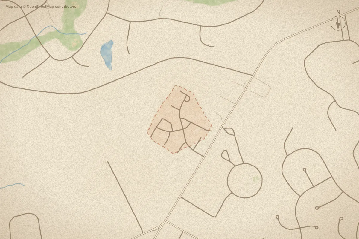 Watercolor map of Cotswold in Pinehurst, NC, showing its streets, water and surroundings