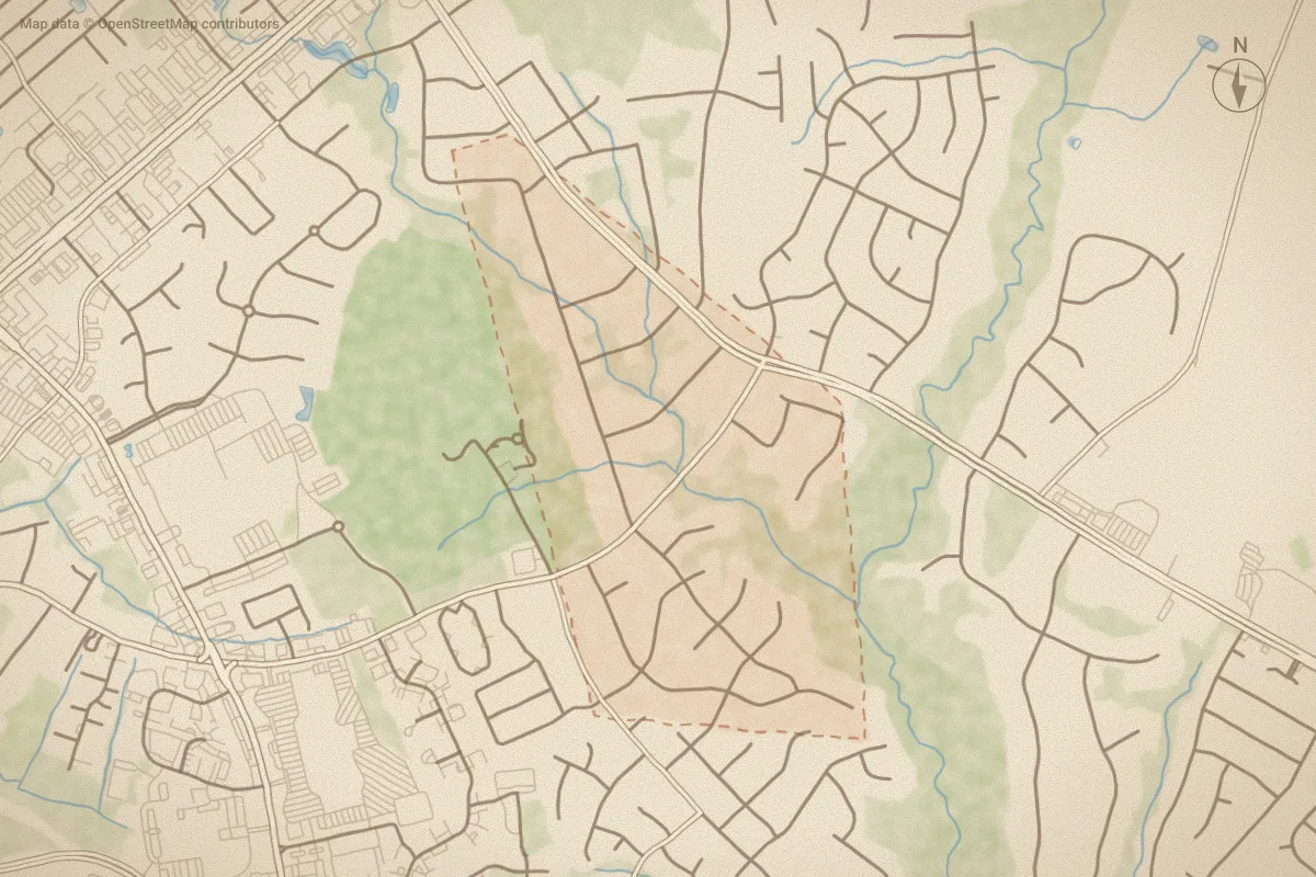 Watercolor map of Country Club Acres in Jacksonville, NC, showing its streets, water and surroundings