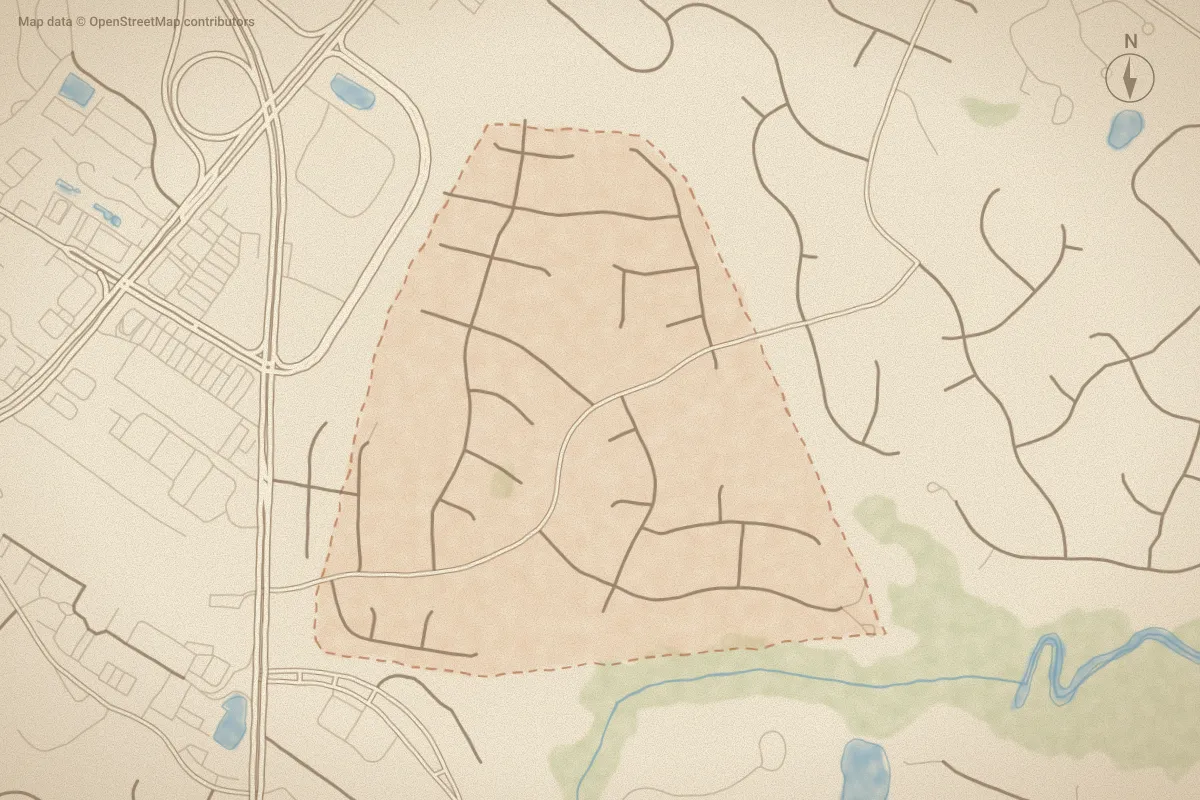 Watercolor map of Covil Estates in Wilmington, NC, showing its streets, water and surroundings