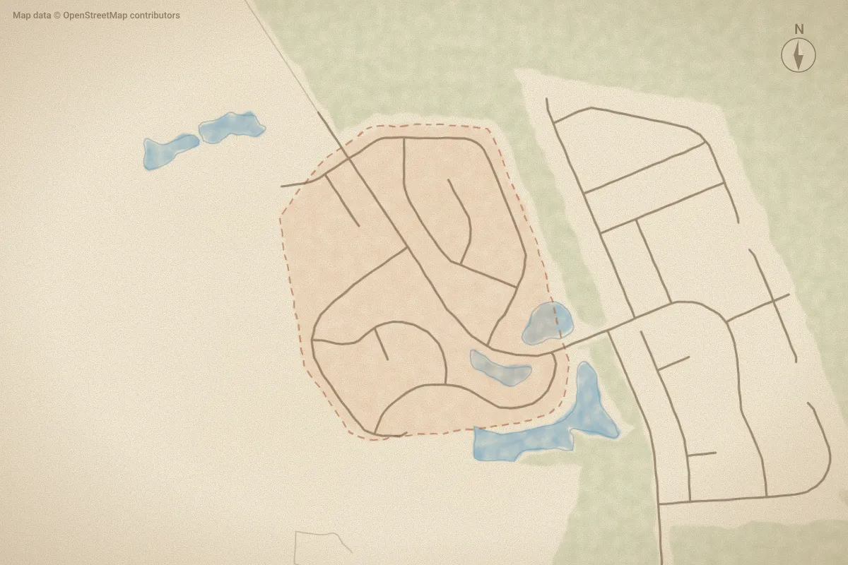 Watercolor map of Craeberne Forest in New Bern, NC, showing its streets, water and surroundings
