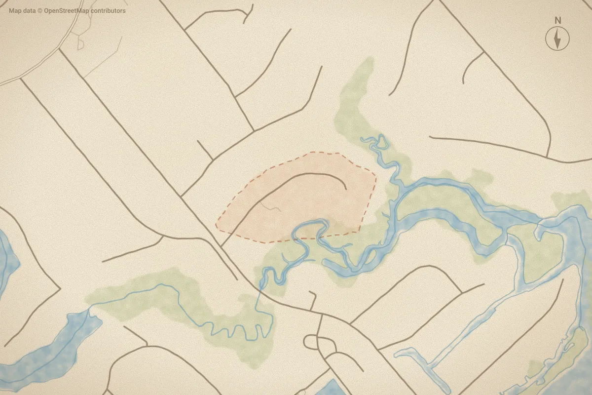 Watercolor map of Crane Point in Hampstead, NC, showing its streets, water and surroundings