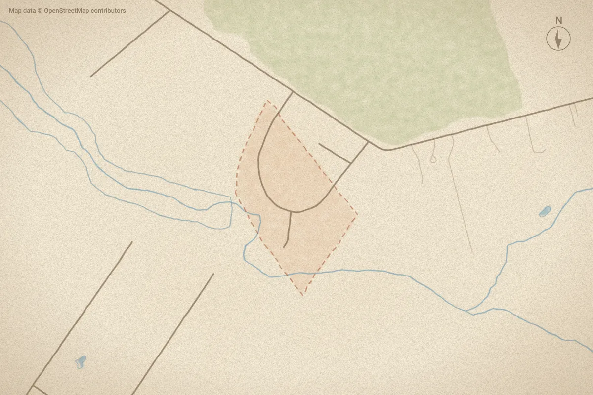 Watercolor map of Creekside Estates in Hampstead, NC, showing its streets, water and surroundings