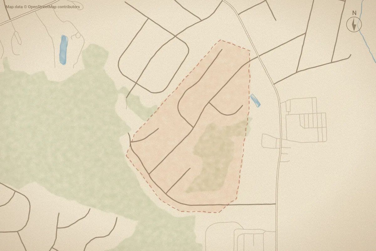 Watercolor map of Creekside in Wilson, NC, showing its streets, water and surroundings