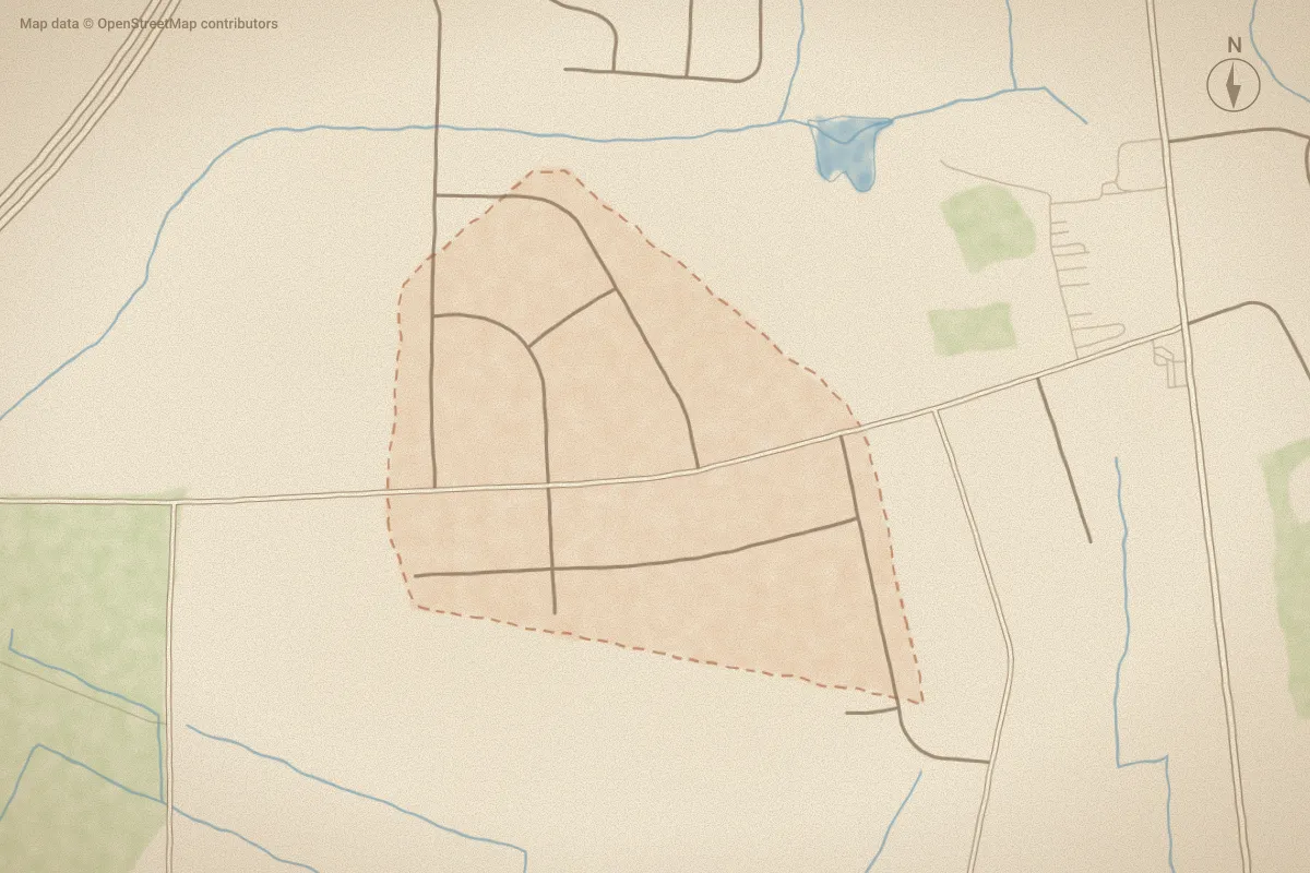 Watercolor map of Crestview in Kinston, NC, showing its streets, water and surroundings