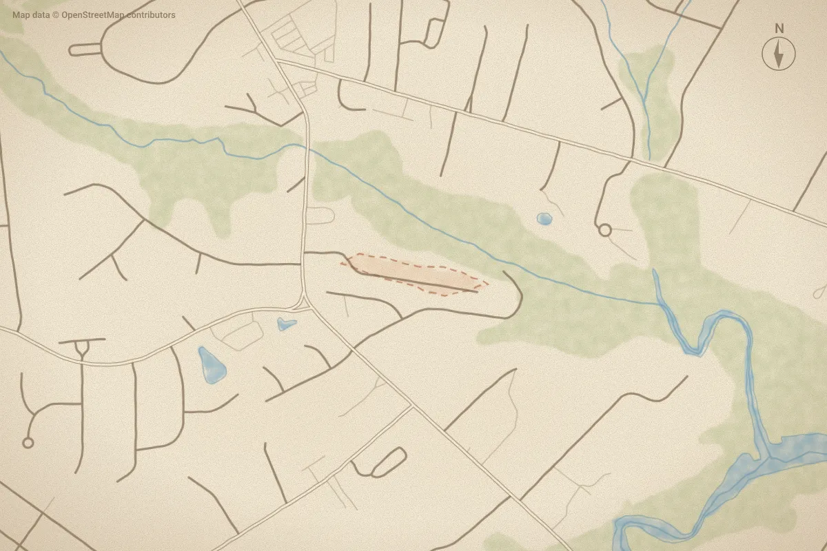Watercolor map of Crooked Creek in Wilmington, NC, showing its streets, water and surroundings