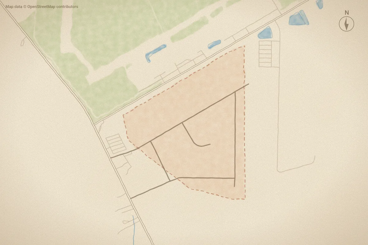 Watercolor map of Crosswinds in Elizabeth City, NC, showing its streets, water and surroundings