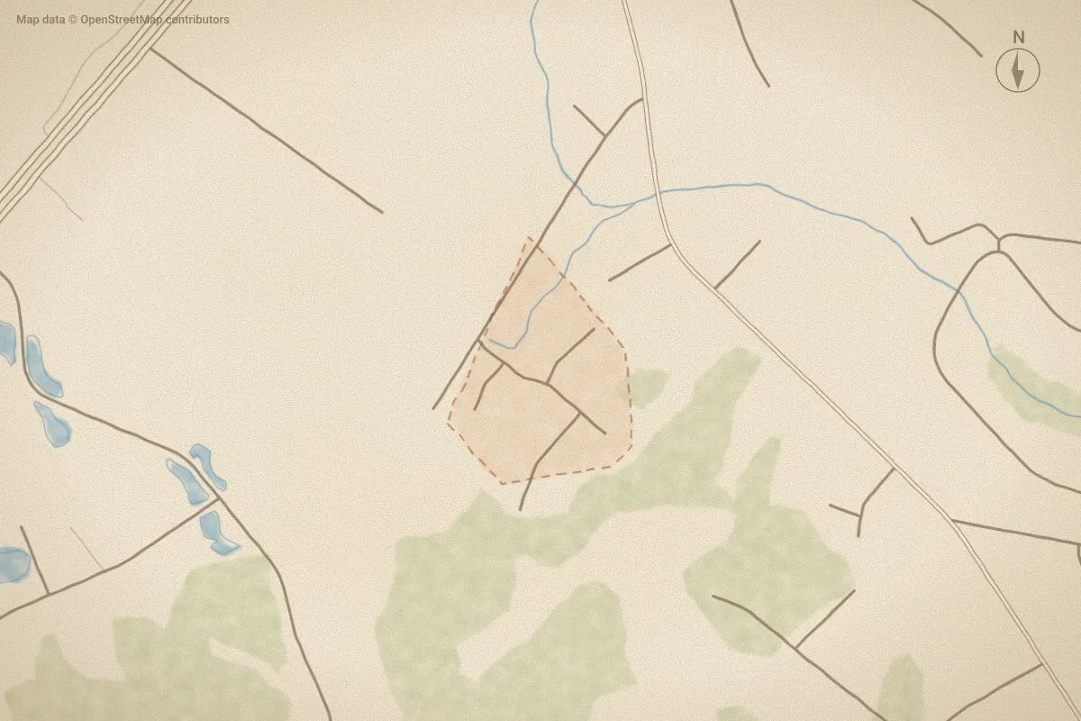 Watercolor map of Cypress Lakes in Hampstead, NC, showing its streets, water and surroundings