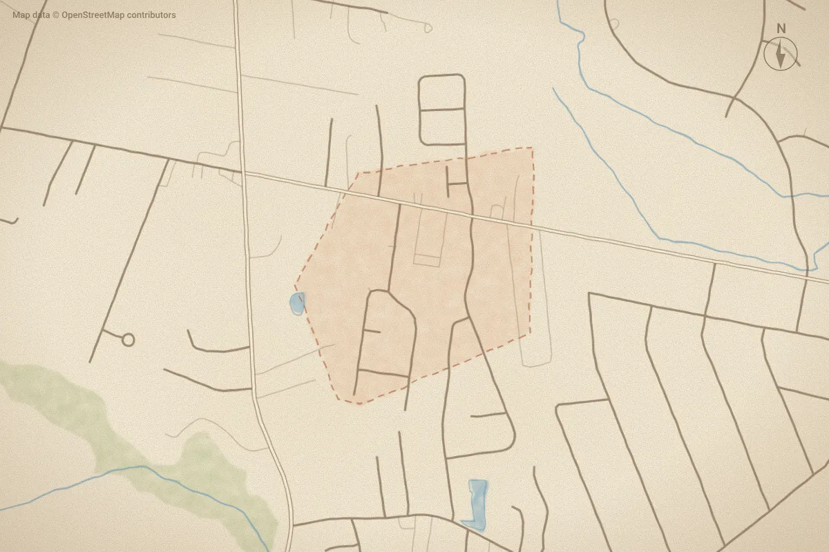 Watercolor map of Dabney Park in Leland, NC, showing its streets, water and surroundings