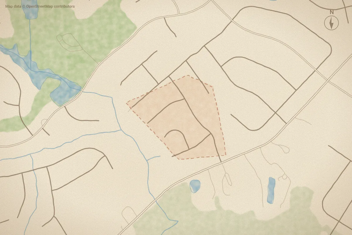 Watercolor map of Deer Creek in Wilson, NC, showing its streets, water and surroundings