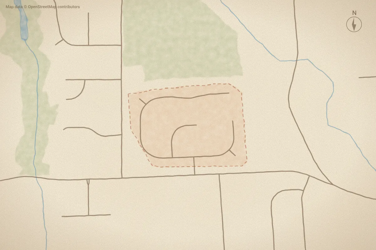 Watercolor map of Deer Run in New Bern, NC, showing its streets, water and surroundings