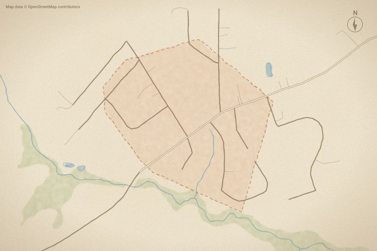 Watercolor map of Deerfield Estates in Winnabow, NC, showing its streets, water and surroundings