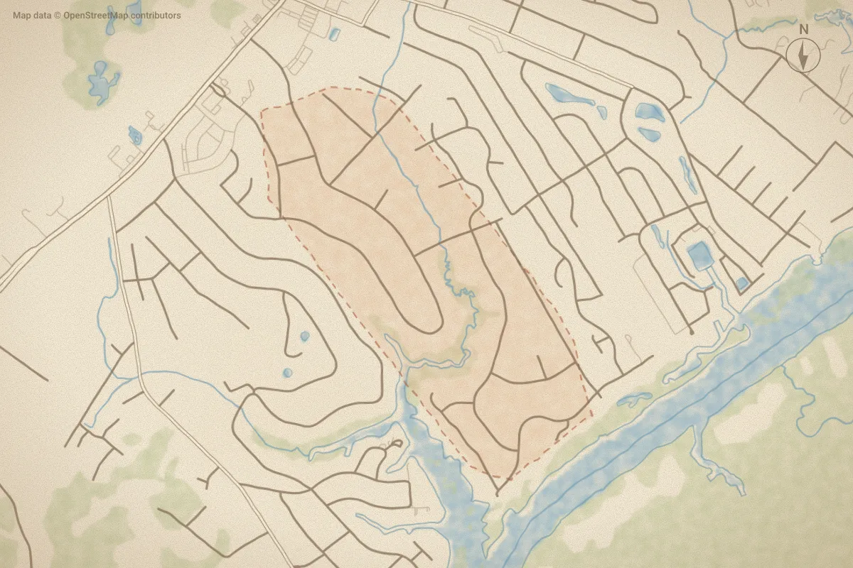 Watercolor map of Deerfield in Hampstead, NC, showing its streets, water and surroundings