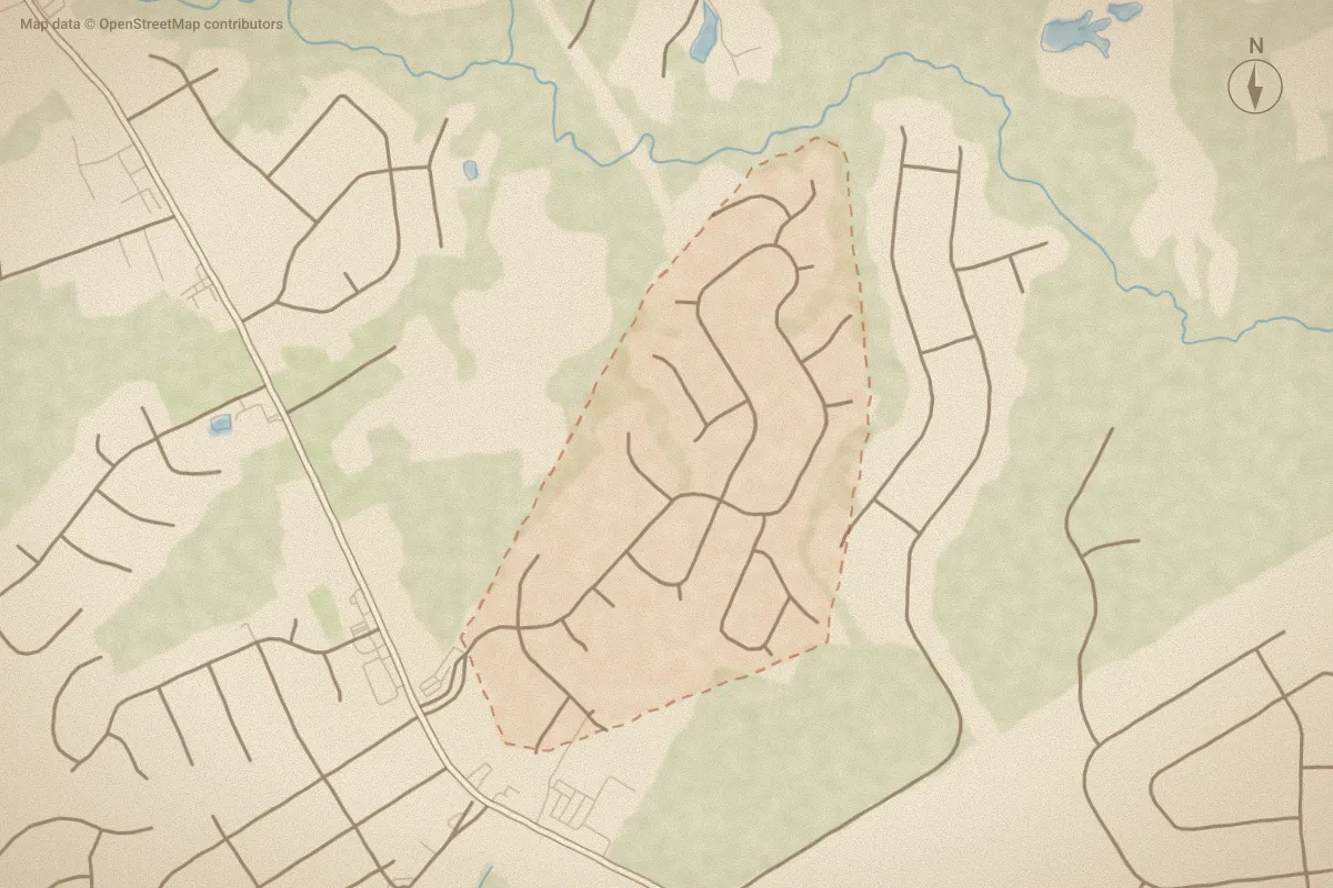 Watercolor map of Deerfield in Jacksonville, NC, showing its streets, water and surroundings
