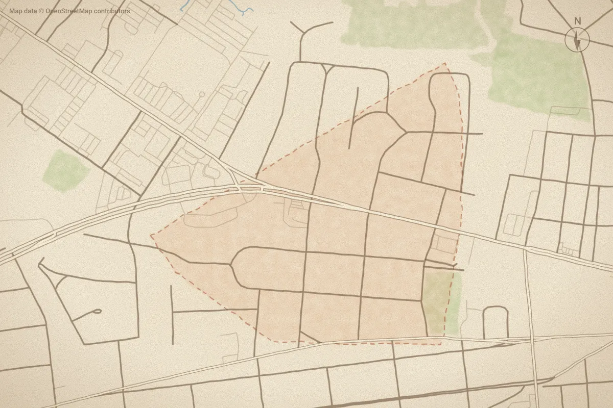 Watercolor map of Degraffenried in New Bern, NC, showing its streets, water and surroundings